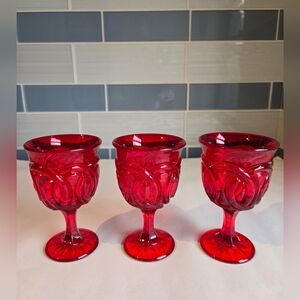Set of Three  Ruby Red Double Wedding RIng Cordial Glasses